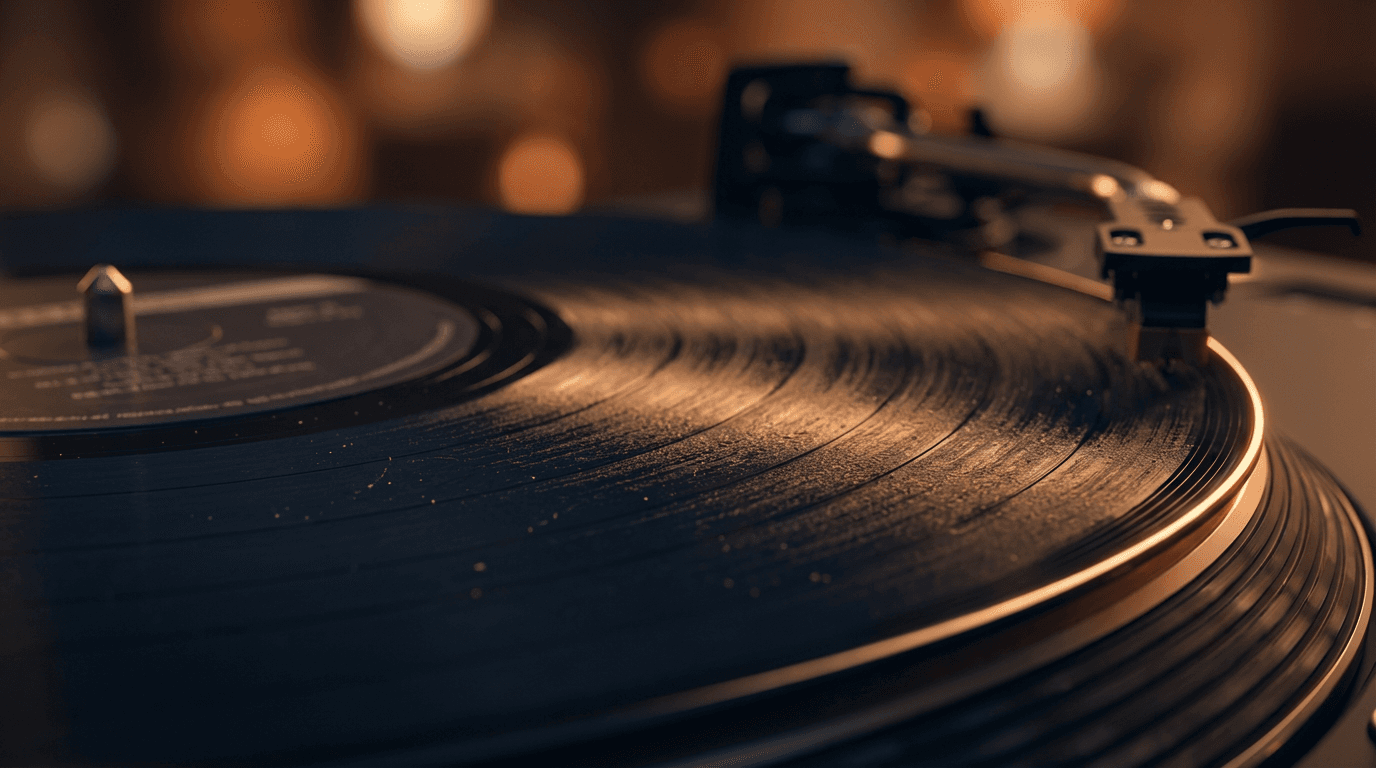 Spinning vinyl record with warm studio lighting and shallow depth of field bokeh